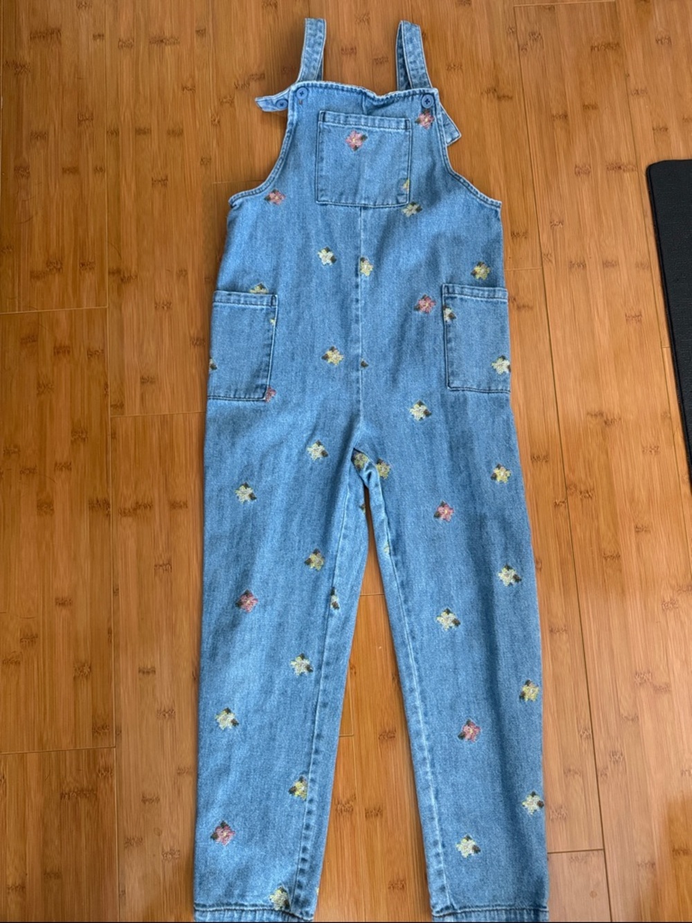 Mini Boden Light Blue Denim Overalls with Small Yellow & Pink Floral Embroidery